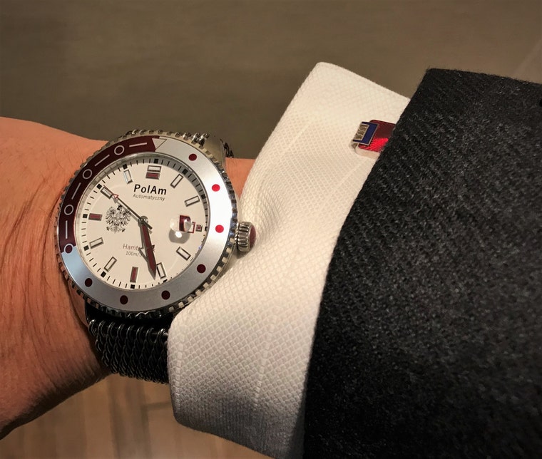 PolAm Hamtramck with shark mesh worn with suit and Polish cufflinks