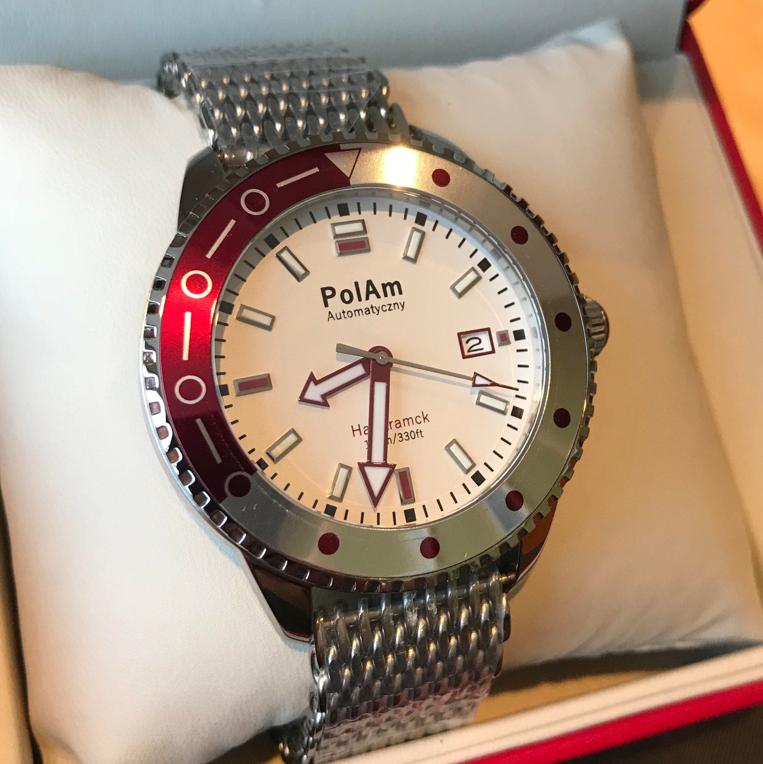 PolAm Hamtramck watch unboxing - watch on pillow in red presentation box
