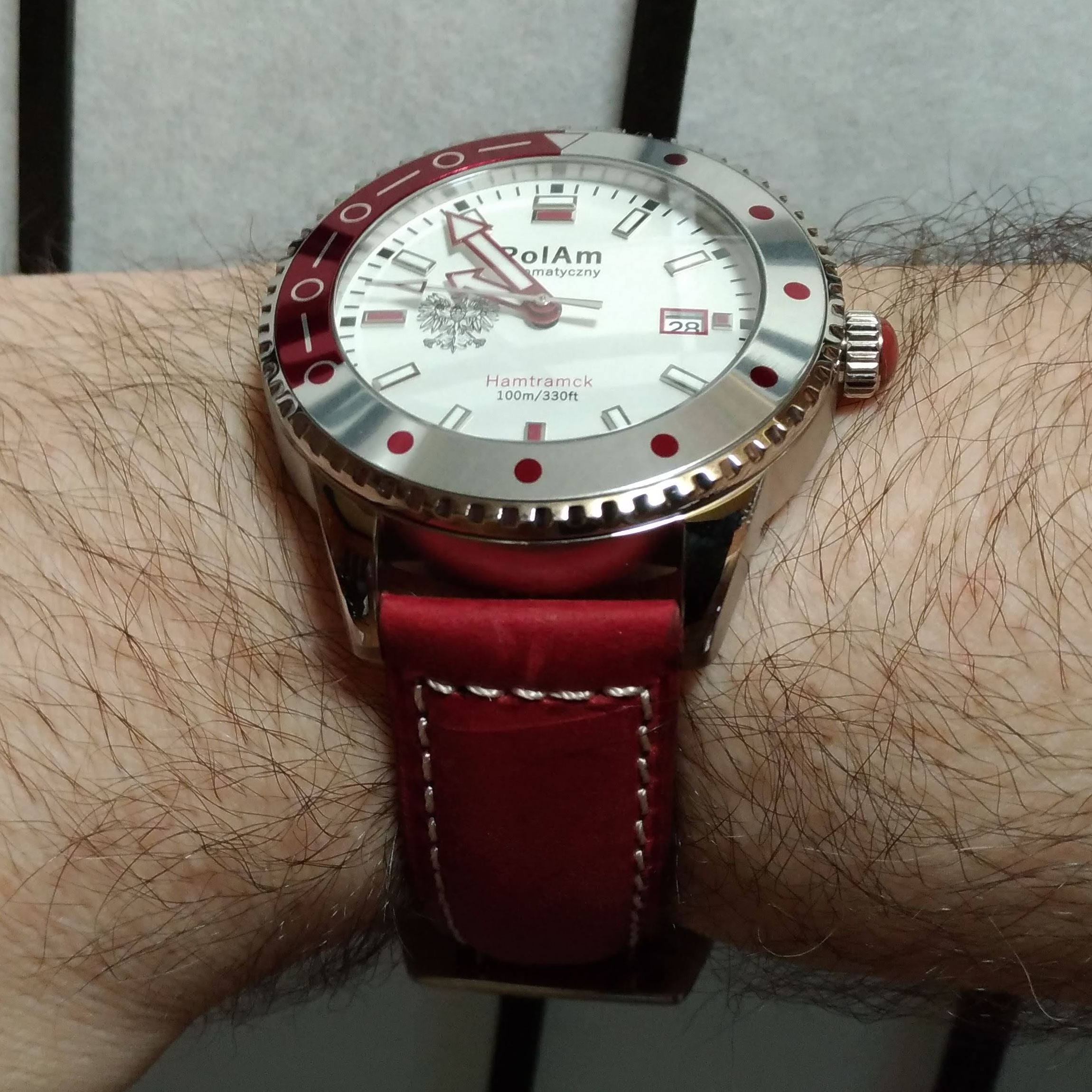 PolAm Hamtramck on wrist with Italian red leather strap